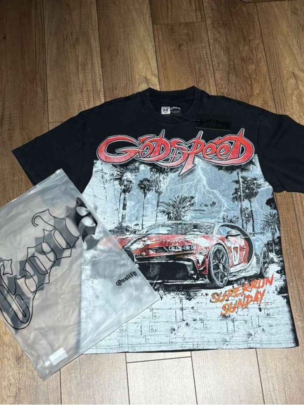 Godspeed “Super Run Sunday” Bugatti Black Graphic Tee Shirt Brand New Size S